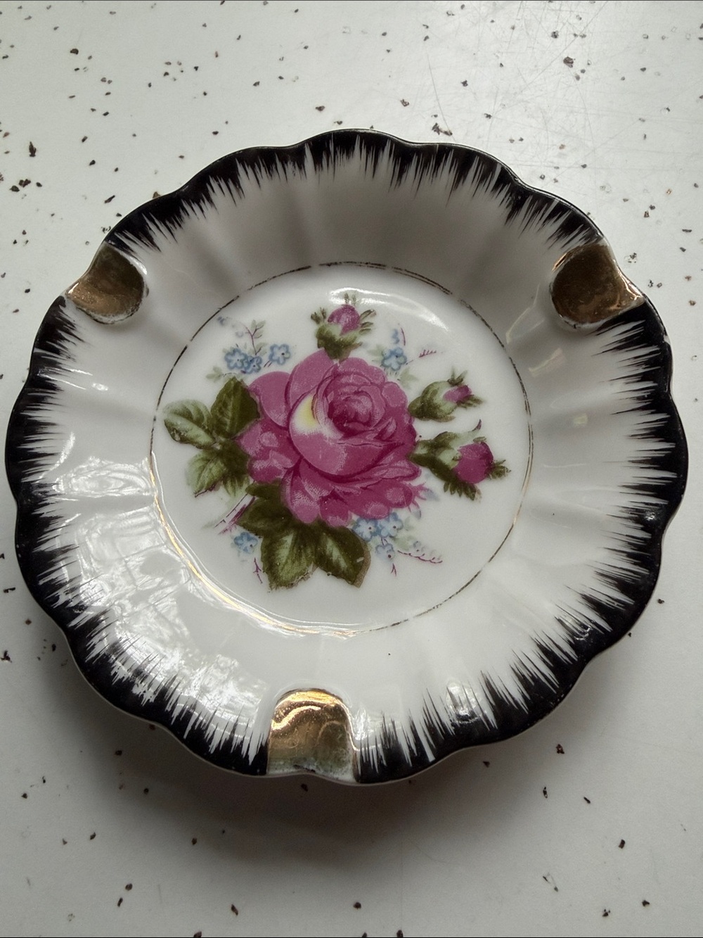 Japanese vintage White Porcelain Ashtray with Pink Rose and Black Trim